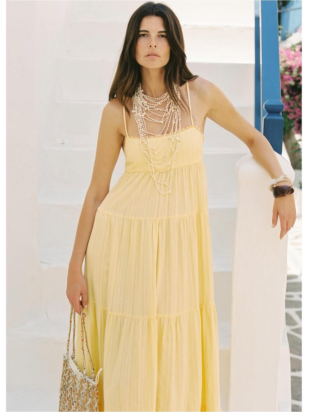 Zara NWT Romantic Resort Vacation Yellow Open Back Tie Up Tiered Maxi Dress (XL) - Picture 2 of 9